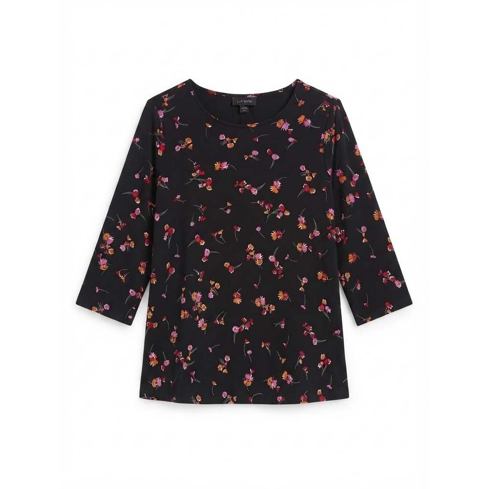 J. Jill Wearever Top Women L Petite Black Floral 3/4 Sleeve Knit Good
